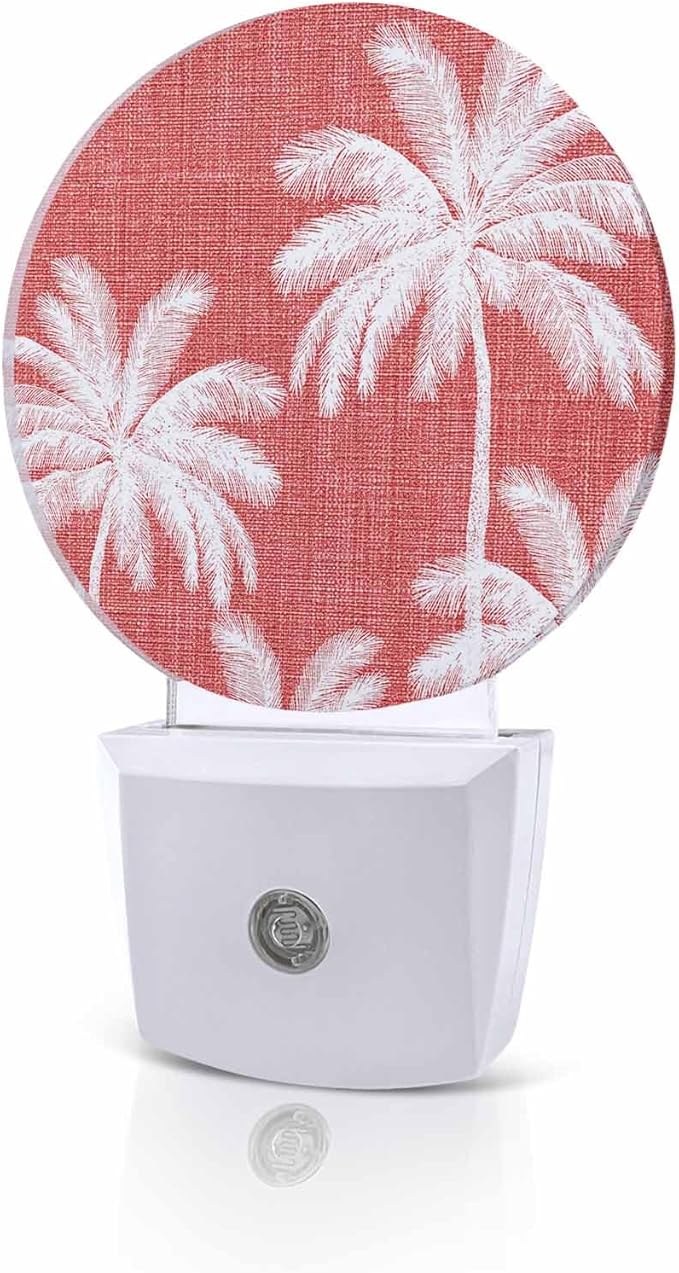 Night Lights Auto Sensor Tropical Palm Trees Night Light Coral Linen Coastal Round Lamp Plug-in LED Nightlights Dusk to Dawn for Living Room Bedroom Bathroom Hallway Wall Decor