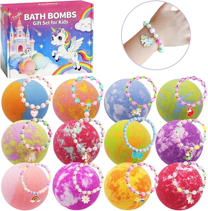 Bath Bombs for Girls with Toys Inside, Kids Bath Bombs with Jewelry Inside, 12 Pcs Natural Bubble Bath Set for Skin Moisturizing, Birthday Christmas Easter Gifts for 4 5 6 7 8 Year Old