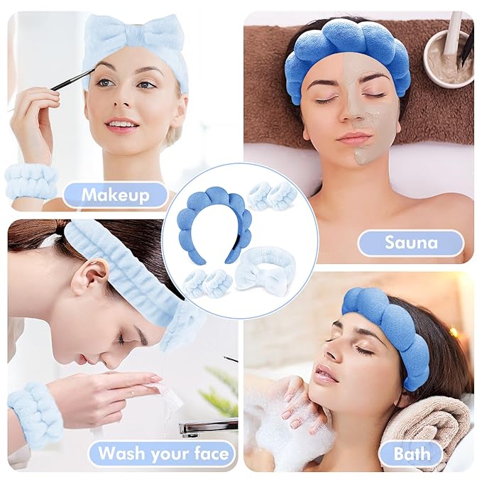 Zkptops 6Pcs Spa Headband for Washing Face Wristbands Set Women Bubble Makeup Sponge Terry Cloth Padded Puffy Skincare Headband Bow Tie Hairband Cute Non Slip Thick Hair Accessory Gifts (Dark Blue)