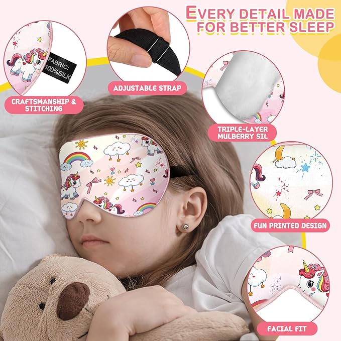 Kids Silk Sleep Mask: 100% Mulberry Silk Eye Mask with Adjustable Strap, Cute Sleeping Blindfold for Boys Girls Teens, Soft & Lightweight Eye Shade for Travel, Nap, Bedtime (Pink Horse Style)