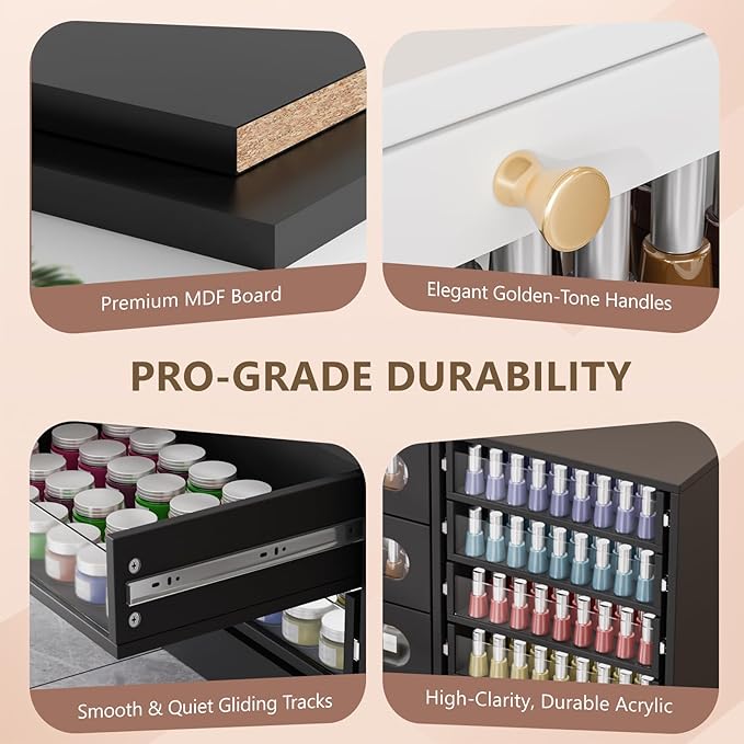 OmySalon Nail Salon Organizer Cabinet, 32" L Floor Storage with 8 Clear & 4 Visual Drawers, Wooden Display for Polish & Powder, Beauty Salon Furniture (Black, 32'' Length)