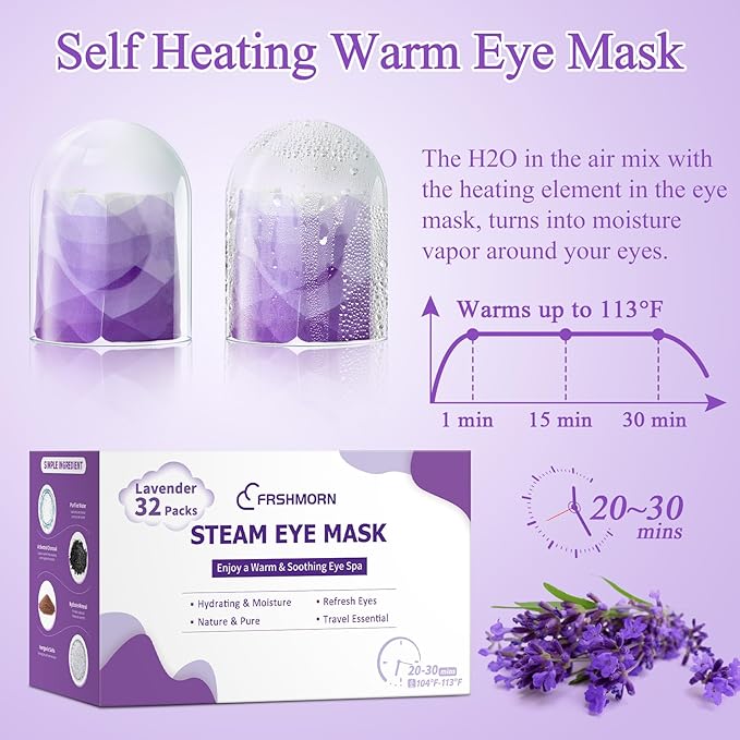 32Packs Steam Eye Mask, Heated Eye Mask for Sleeping, Warm Compress for Eyes, Self Heating Disposal Steam Mask for Home Sleep, Office, Spa, Travel Essentials Mothers Day Gifts (Lavender)