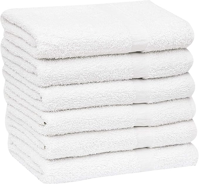 GOLD TEXTILES 6 White Economy Bath Towels Bulk (24x48 Inch) Cotton Blend for Softness-Commercial Grade Easy Care