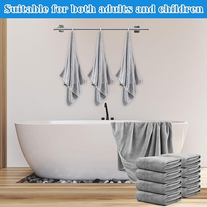 SmoothNovelty 16 Pack Microfiber Bath Towels Bulk 27'' x 60'' Oversized Beach Towel Highly Absorbent Extra Large Soft Drying for Shower Pool Salon Sauna Bathroom Gym Party (Simple,Light Grey)