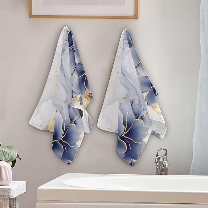 Abstract Blue Golden Floral Leaves Hand Towels for Bathroom Set of 2,Navy White Marble Floral Decorative Bathroom Towels for Bath,Face,Hair,Soft Absorbent Dish Towels for Kitchen Decor 28"x14"