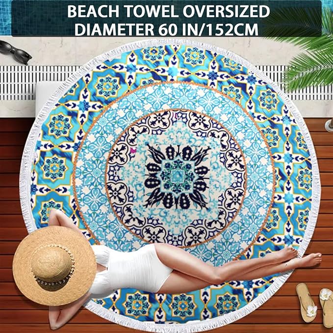 Pafusen Round Mandala Beach Towel Blanket/Boho Hippie Tapestry, Roundie Yoga Meditation Mat Picnic Rug, Bohemian Table Cloth with Tassels, Terry Towel Material, 60 inch Cute Towels, Gifts for Women
