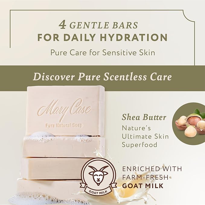 Mary Case Goat Milk & Shea Butter Bar Soap Set of 4 | Natural Soap with Olive & Coconut Oils | Fragrance-Free Bath Soap for Men & Women | Deep Nourishing & Soothing Sensitive Skin