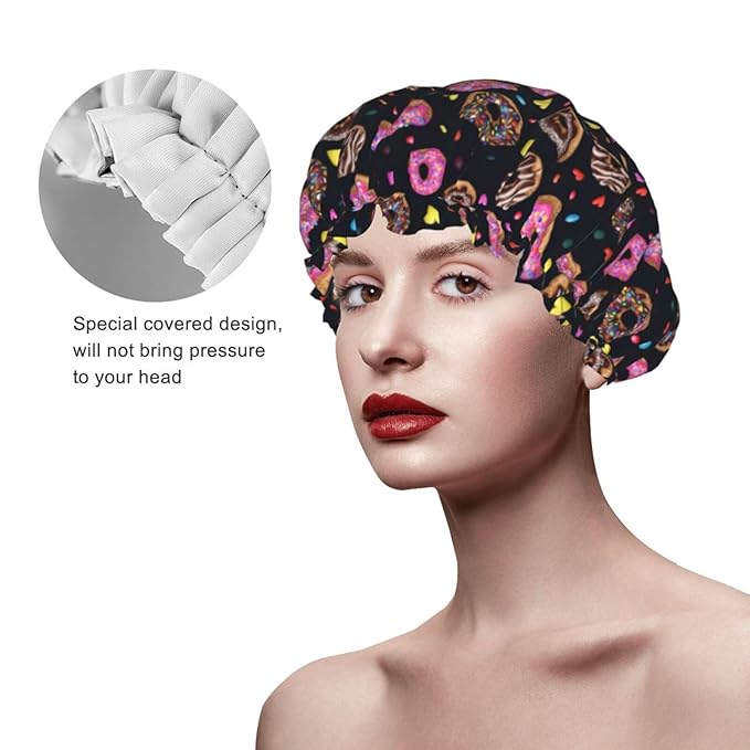 Doughnut Donuts Shower Cap For Women Reusable Waterproof Double Layers Bath Cap Hair Protection Elastic Ladies Spa Salon Shower Hat