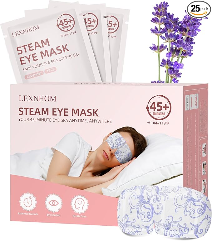 Heated Eye Mask Disposable 24 Pack, Large, 46+ Min Self Heating Steam Eye Mask for Dry Eyes Dark Circles Puffy for Sleep Travel Office, Warming Rest Eyes Mask Best Gifts for Women (Chamomile)