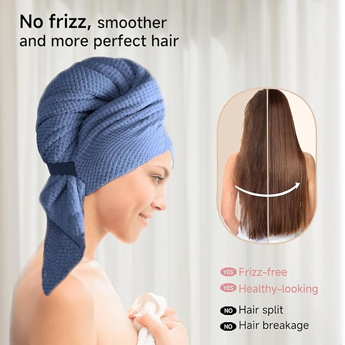 Large Microfiber Hair Towel Wrap & Satin Bonnet Set for Women, Ultra Absorbent Turban 24x42 Inches & Adjustable Night Cap for Curly Hair, Prevents Frizz & Breakage, Stocking Stuffers