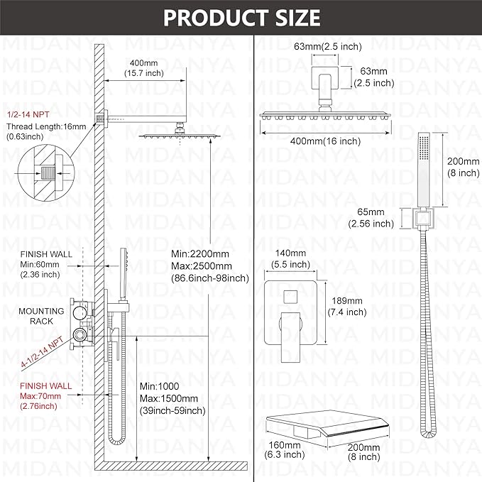 Midanya Shower System with Tub Spout,Bathtub Shower Faucet Set with Square Rainfall Head and Handheld Sprayer Wall Mount Tub Faucet Set with Valve and Trim Kit,16 Inch Oil Rubbed Bronze
