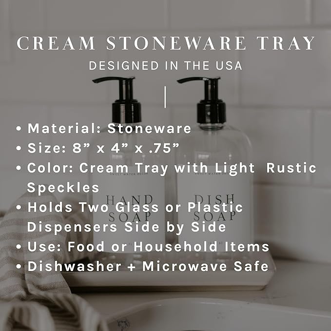 Sweet Water Decor Stoneware Tray for Home - Cream Speckled | Kitchen and Bathroom Dispenser Holder | Jewelry Dish | Glass Soap Holder for Bottles | Long Plate for Counter Tops | Vanity Decor