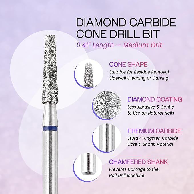 PANA 3/32" Diamond Carbide Cone Bit- Style 12, Medium Grit - Professional Cuticle Nail Drill Bits for Acrylic Gel Nails Dry Manicure Pedicure Shape Remove Tools