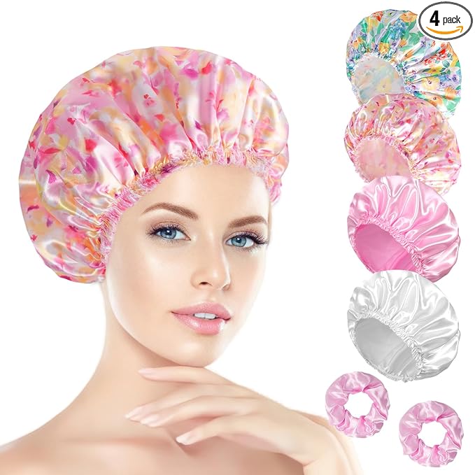 Shower Cap for Women Set of 4, Bath Caps, Double Layers Hair Caps + 3 Satin Hair Scrunchies, Reusable Waterproof Shower Caps, Elastic Hair Cap for Shower - Pattern B