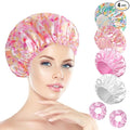 Shower Cap for Women Set of 4, Bath Caps, Double Layers Hair Caps + 3 Satin Hair Scrunchies, Reusable Waterproof Shower Caps, Elastic Hair Cap for Shower - Pattern B