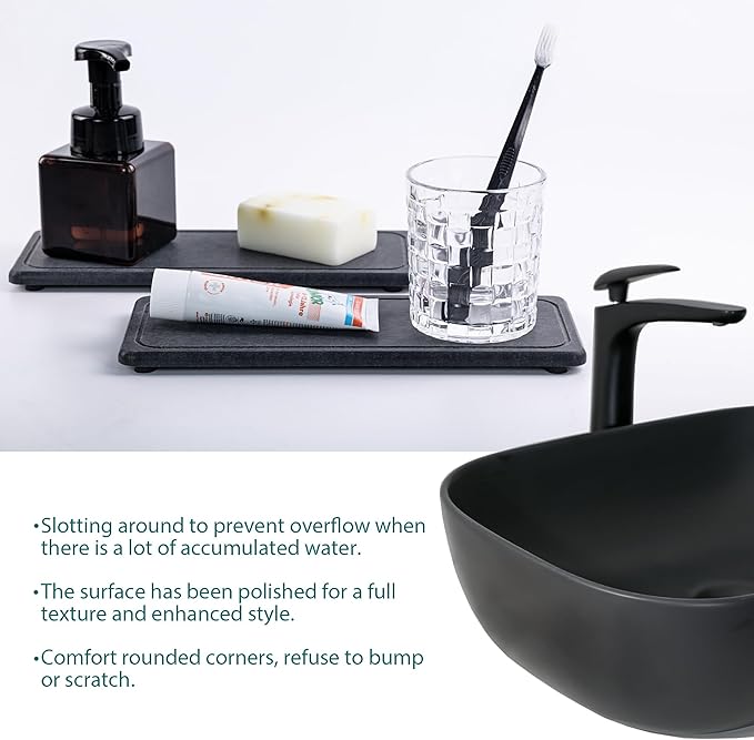 NiuYichee 2 Pcs Water Absorbing Stone Trays, Kitchen/Bathroom Sink Soap Dish, Diatomite Tray Used for Hand Soap & Cosmetic Bottles in The Modern Home, 4" W x 10.2" L, Dark Gray