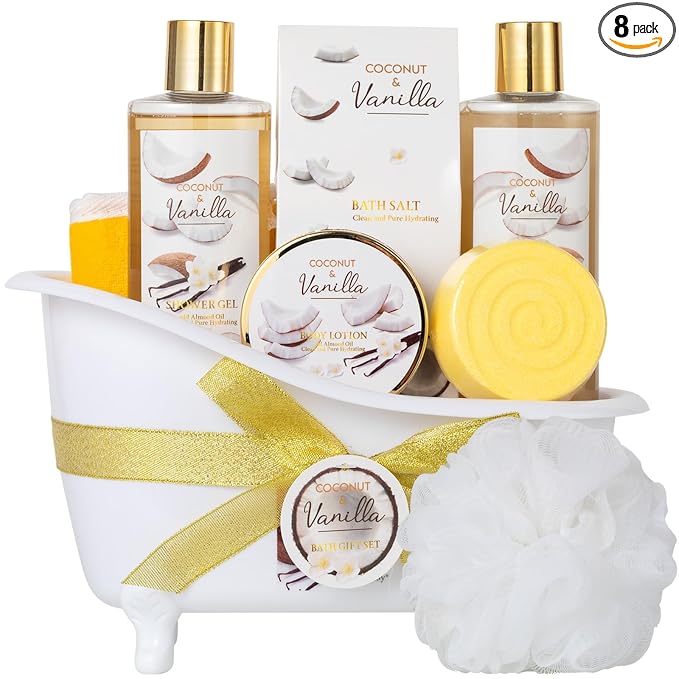 Mothers Day Gifts for Women and Men - 8-Piece Bath Kit Coconut Vanilla Bath & Body Gift Set for Women Self Care Spa Gift Baskets | Perfect Gifts for Mom, Birthday Gift, All Occasion Holiday Present