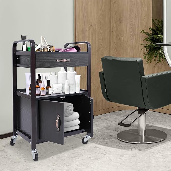 Salon Cart,Salon Storage Cart with Drawers, 4 Wheels and Handles, Movable Beauty Organizer, Salon Trolley for Beauty Salons, Barber Shops, Nail Salons, Spas (Brown)