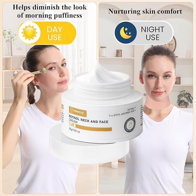 Neck Creams for Tightening and Firming-Retinol Moisturizer Anti Aging Wrinkle Cream 3-in-1 Hyaluronic Acid Ceramides Women&Men-Day/Night Face&Neck Cream with Jade Roller&Reusable Neck Wrinkle Patches