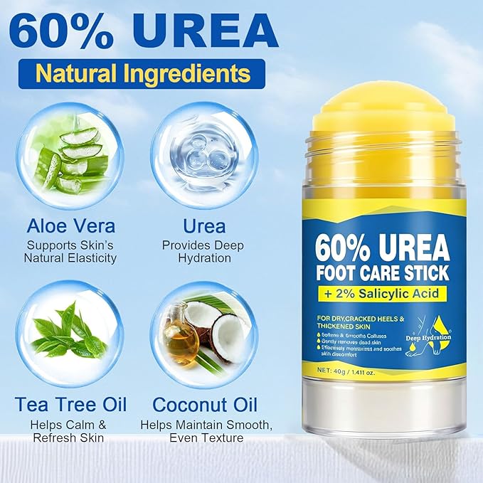 60% Urea Stick with 2% Salicylic Acid, Maximum Strength Callus Remover & Cracked Heel Repair Balm, Non-Greasy Foot Moisturizer for Dry Skin, 1.41 Oz (1pcs)