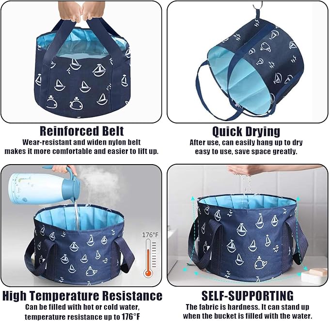 Collapsible Foot Soak Bucket 25L, Portable Foot Bath Basin, Foldable Travel Pedicure Tub, Double-Layer Leak-Resistant PEVA Liner, Reinforced Fabric, Hanging Loop(Blue)