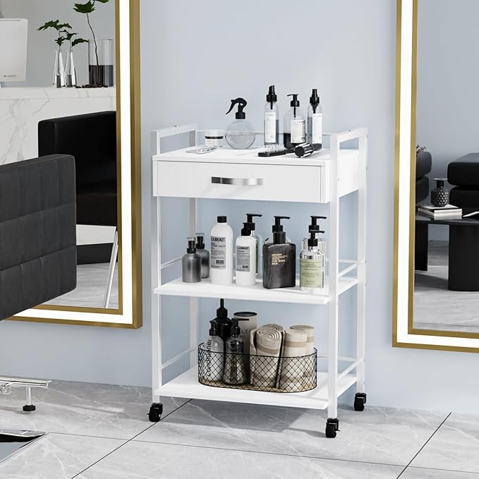 OmySalon Salon Trolley Cart with Wheels, Esthetician Cart with 1 Drawer & 2 Trays, Mobile Storage Organizer for Beauty Spa Massage Tattoo Esthetic Facial Tool Holder Station, White