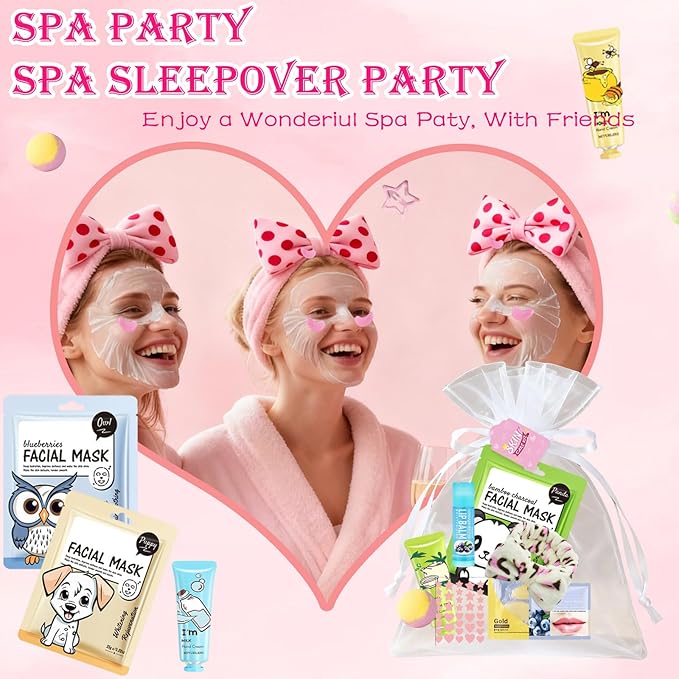 72PCS Spa Party Supplies for Women, Spa Party Favors Include Face Masks,Hand Cream,Spa Headband, Foot Bath Bombs,Spa Birthday and Sleepover Party Supplies for Women