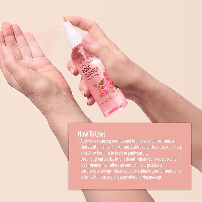 NATURE WELL Rose Water Hydrating Facial Toner Mist for Dewy & Radiant Skin, Refreshing, Conditioning, Soothing, Moisturizing, Perfect for Travel, 4 Fl Oz
