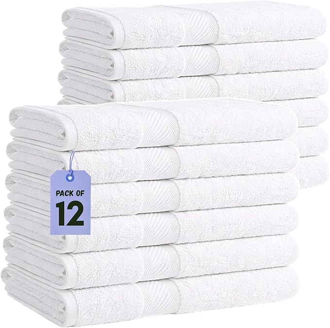 Pearl Linens Pack of 12 100% Cotton Bath Towels – 24x48 Quick-Dry, Lightweight, Soft & Absorbent Bathroom Towels for Spa, Gym, Hotel & Shower – Bulk White Towel Set