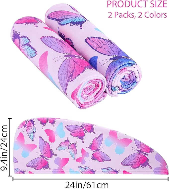 FIOBEE Microfiber Hair Towel Wrap for Kid Rapid Drying Towel Absorbent Hair Turbans for Wet Hair with Button Women Girls Long Curly Hair Pack of 2, Butterfly