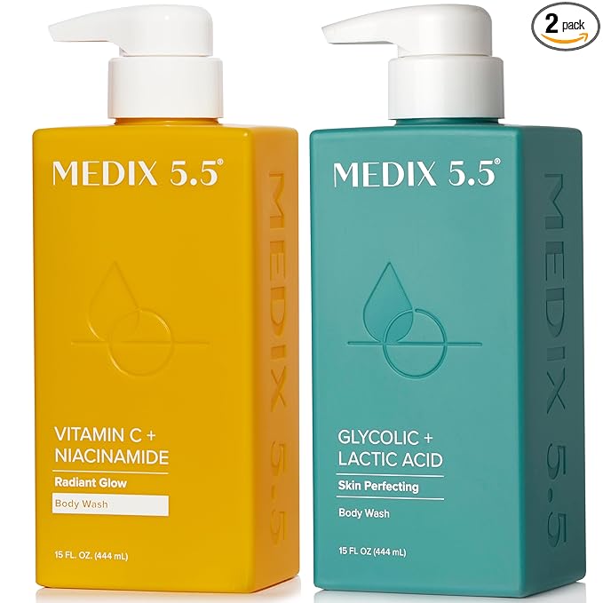 MEDIX Glycolic Acid + Lactic Acid Body Wash & Vitamin C Body Wash 2PC Skincare Bundle | Exfoliating Face Cleanser For Women, Keratosis Pilaris, & Acne + Radiant Glow Vitamin C Cleanser, 2PC Set