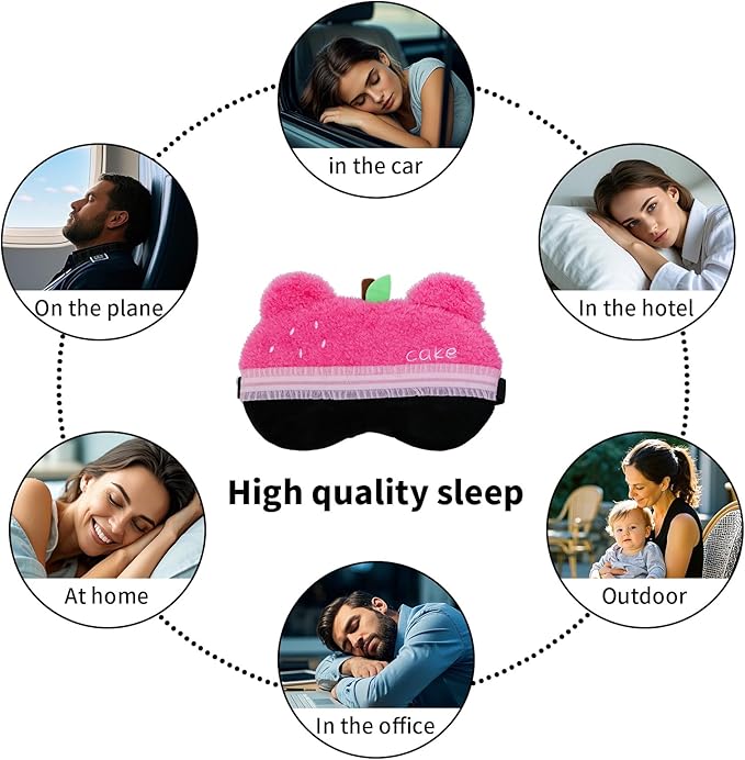 PERFECTSIGHT Sleep Eye Masks, Cute Bear Plush Sleep Eye Cover Lightweight Adjustable Eyeshade Faux Fur Mask Cover for Women Men Kids Sleep Travel Nap, Rose Pink Cake