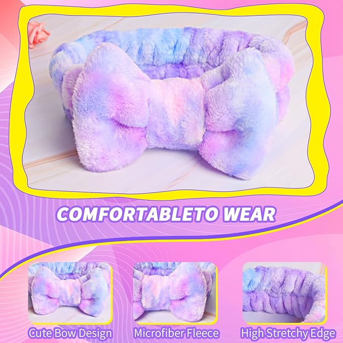 WSYUB Spa Headband and Matching Wrist Bands for Washing Face, Fuzzy Skincare Bow Headbands, Soft Facial Makeup Head Bands, Shower Hair Sleepover Party Supplies,Easter Basket Stuffers