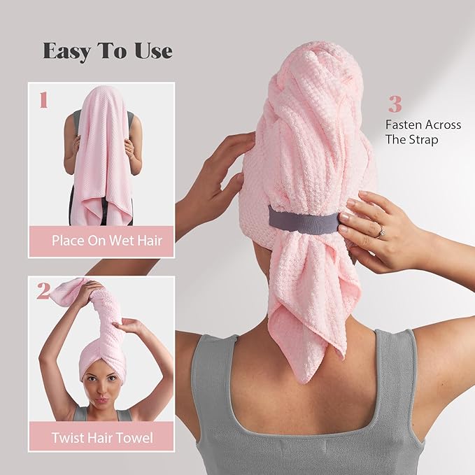 MABAO Microfiber Hair Towel Wrap for Women, Quick Dry Hair Turban Towel with Elastic Band, Microfiber Plopping Towel for Curly Hair, Stocking Stuffers for Women (Pink)