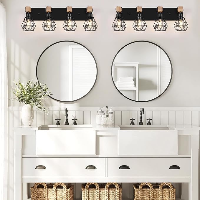 FadimiKoo 4-Light Farmhouse Bathroom Light Fixtures Over Mirror, Rustic Wood Vanity Light with Black Metal Cage Lampshade, Rustic Sconces Wall Lighting for Living Room, Bedroom, Hallway