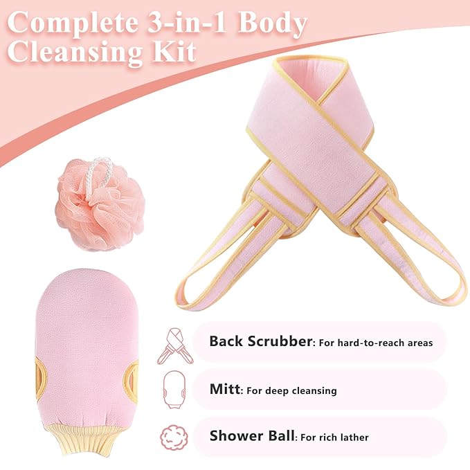 Exfoliating Glove and Back Scrubber for Shower - 3-Piece Exfoliating Mitt Set with Bath Sponge - Deep Skin Cleansing Body Scrubber for Dead Skin Removal, Self-Tan (Pink)