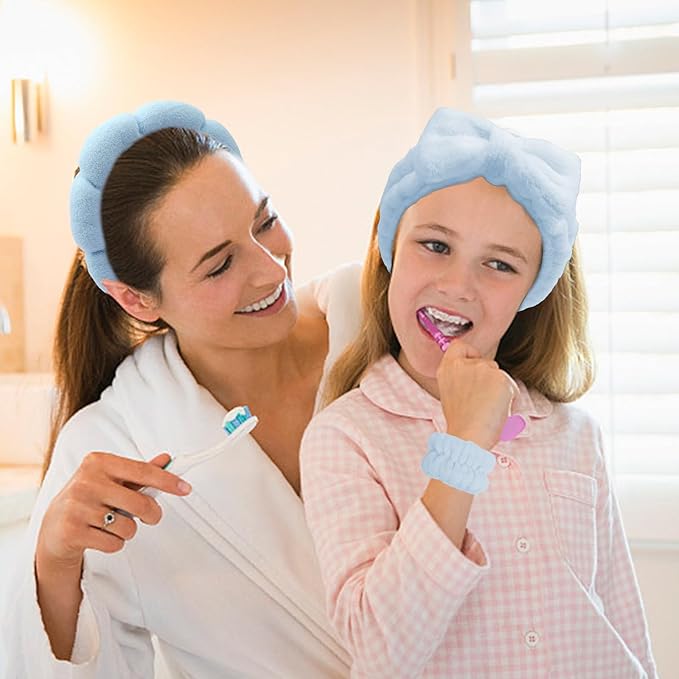 Blue Spa Headband and Wristband Set with Bow for Washing Face, Skincare, Makeup - Sponge Cloud Headband for Women Girls