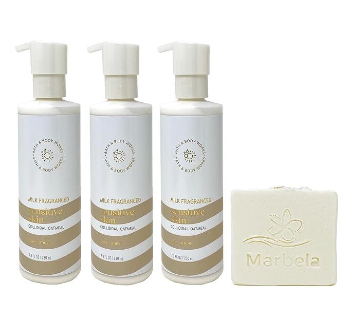 Bath & Body Works Sensitive Skin Milk Fragranced 3 Piece Body Lotion Gift Set with a Natural Oats Bar Soap - Full Size