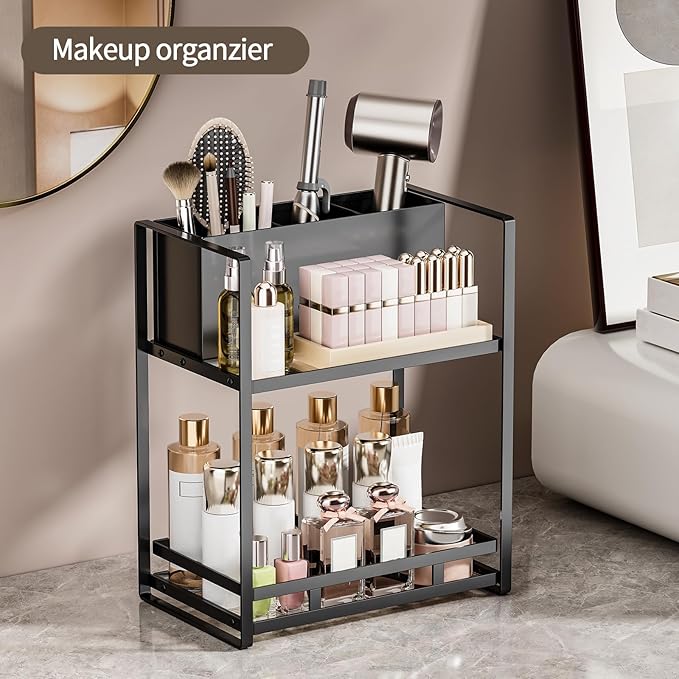 SanDream Hair Tool Organizer Bathroom Countertop, 2-Tier Metal Bathroom Organizer with Blow Dryer Holder, Large Capacity Space-Saving Vanity Shelf for Perfume, Skincare & Makeup Storage (Black)