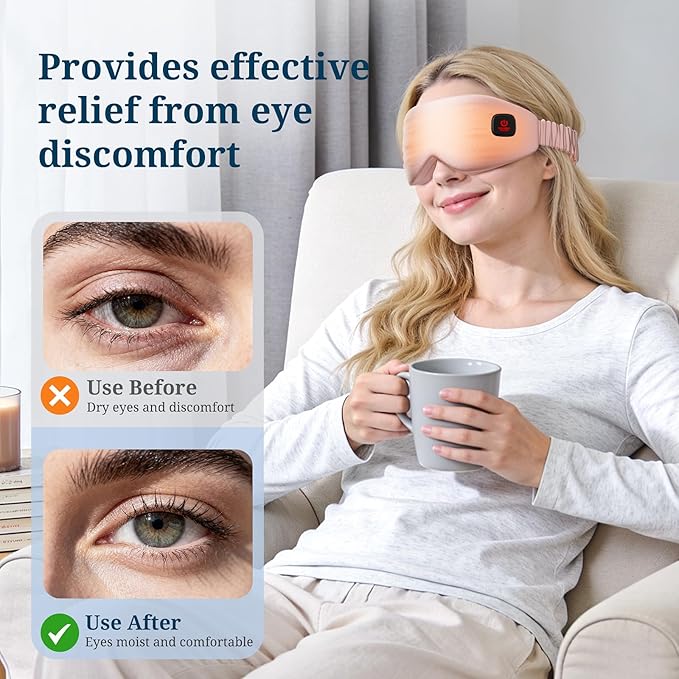 100% Silk Wireless Heated Eye Mask with Cooling, Relieves Dry Eye Syndrome and Puffy, Reduces Dark Circles, Adjustable Velcro Design and Washable Cover, Suitable for Travel & Gifts-Pink.