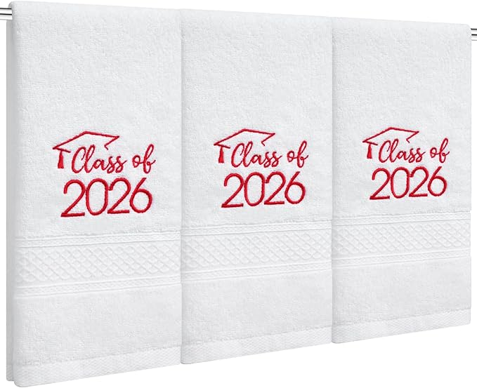MASHAN Class of 2026 Graduation Hand Towels 3 Pack,100% Cotton Soft Absorbent Bathroom Towels,Senior 2026 Graduation Gift for Girls Boys,Red Decorative Towels 14x30 Inch