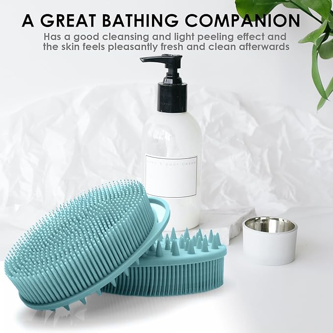 RamPula Silicone Body Scrubber, Silicone Loofah, Quick-Dry Exfoliating Body Brush for Wet or Dry Brushing, More Hygienic Than Traditional Loofah, Long-Bristle Brush, Eucalyptus Green and Starlight