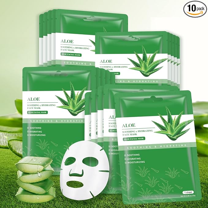 Face Masks Skincare Sheet Mask Aloe Vera Sheets Mask, Hydrating Face Masks Soothing Facial Mask for All SkinTypes Sun Care, Facial Masks for Women Skin Care Sheet Masks for Face Pack of 10
