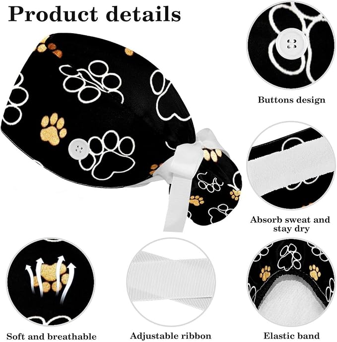 Ethnic Aztec Pattern Adjustable Scrub Cap Hat with Button, Working Hat Sweatband with Bow Hair Scrunchy for Woman