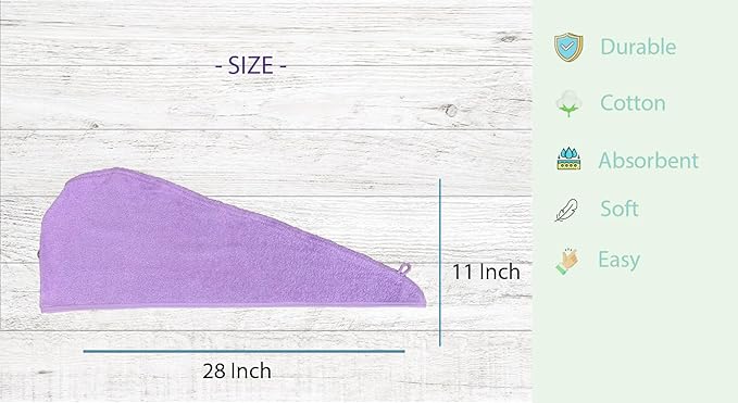 Long Cotton Hair Towel Wrap for Women 28"x11" (Pack of 2) Purple, Hair Towel Cotton