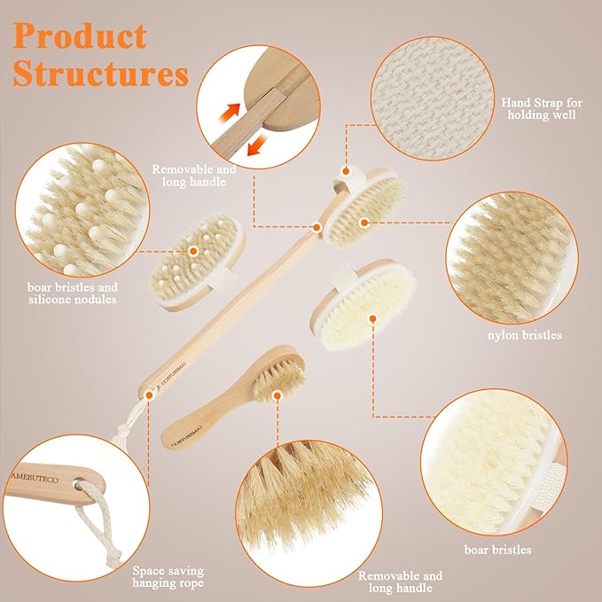 SAMEBUTECO Dry Brushing Body Brush Set with Long Handle, Natural Boar Bristle Body & Face Brush, Wooden Detachable Scrub Brush, 3 Brush Heads for Exfoliating & Body Care