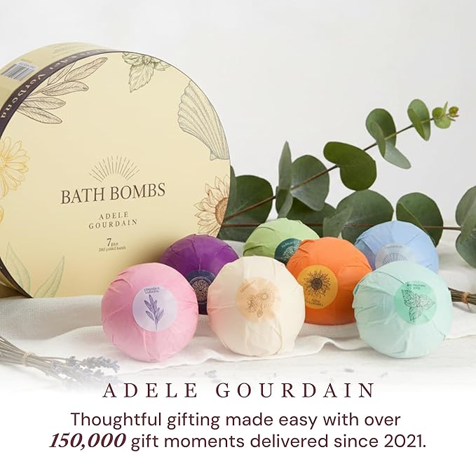 ADELEGOURDAIN Bath Bombs Set 7 pcs XXL Size - Gift Set for Women, 200g/7oz, Mineral Bath Bombs for Sensitive Skin, Gift Set or Birthday or Mothers Day, Gift Box Idea for Her