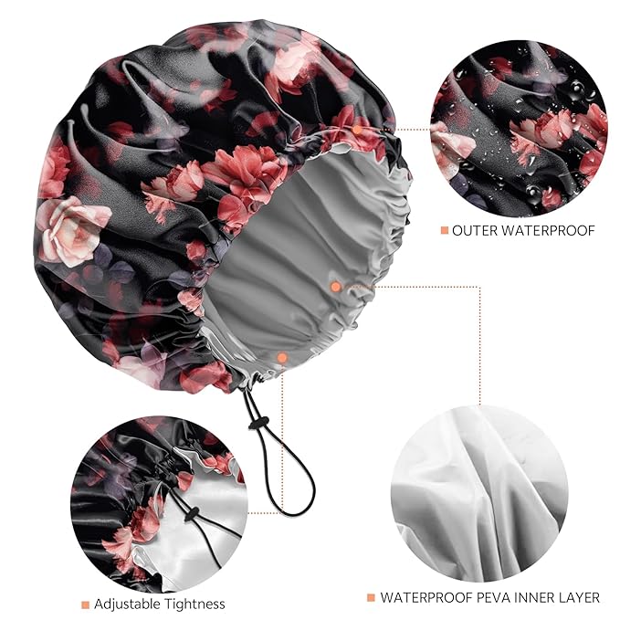 Shower Cap Reusable Double Layer Adjustable Elastic Waterproof EVA Hair Bath Caps for Women Girls Cute Aesthetic-Rose