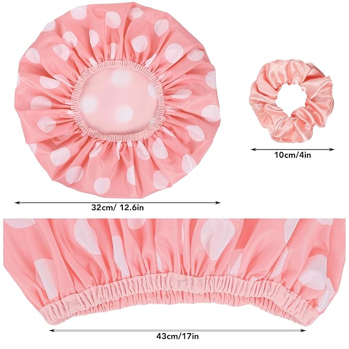 WSICSE 2 Packs Large Shower Caps for Women, Waterproof Shower Cap Double Layers Bath Caps with Hair Scrunchies for Long Thick Hair