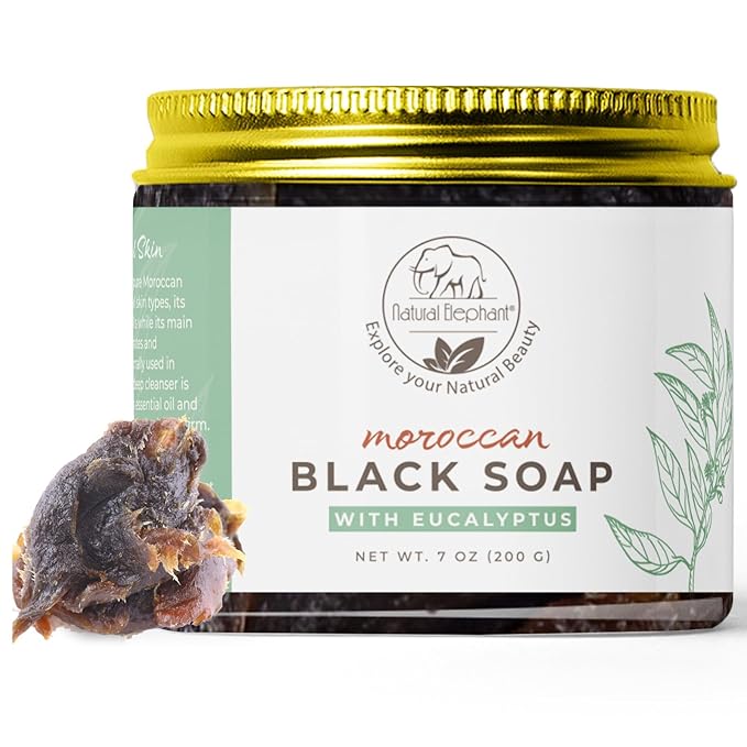Natural Elephant Premium Kessa Hammam Glove and Moroccan Black Soap with Eucalyptus Essential Oil 200g (7oz) Combo Spa Exfoliation Kit